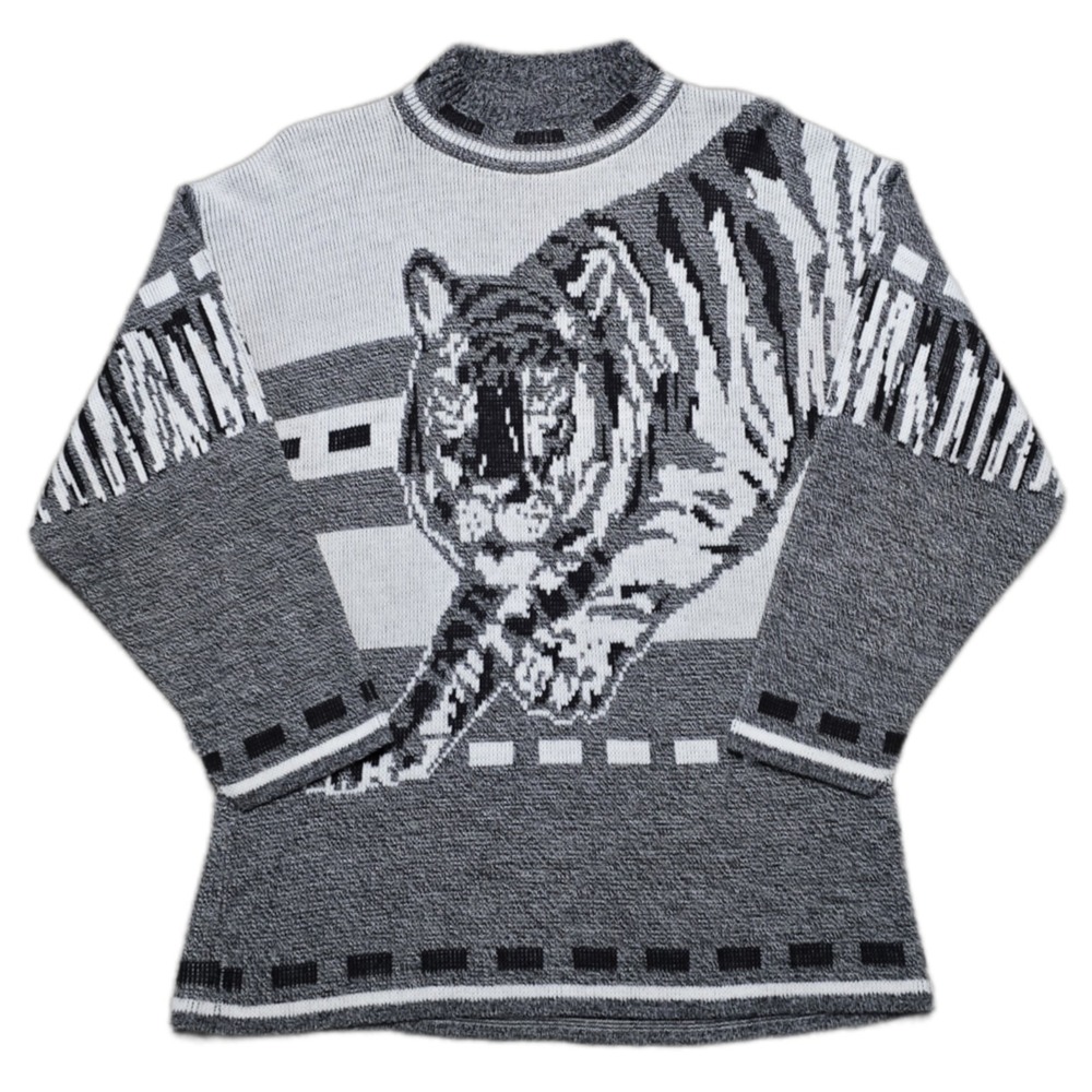 Vintage 80s Black And White Jumping Tiger Knit Sweater‎ Made In USA Womens S